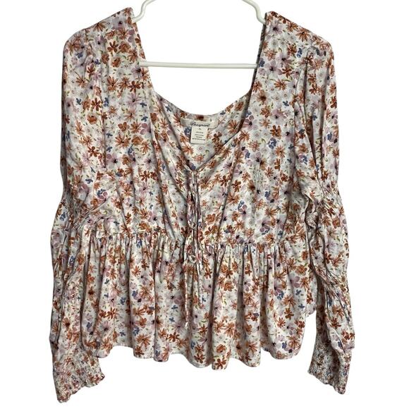 Passport Boho Blouse Top Womens XL Floral Ruched Sleeve Peplum Peasant Prairie - Picture 1 of 7